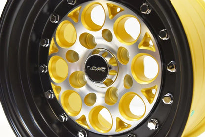 VMS Wheels Revolver 15X3.5 4X100/114.3 10 ET 73.1 CB Machined Gold Black Lip Chrome Rivets