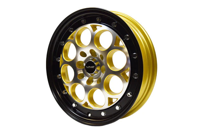 VMS Wheels Revolver 15X3.5 4X100/114.3 10 ET 73.1 CB Machined Gold Black Lip Chrome Rivets