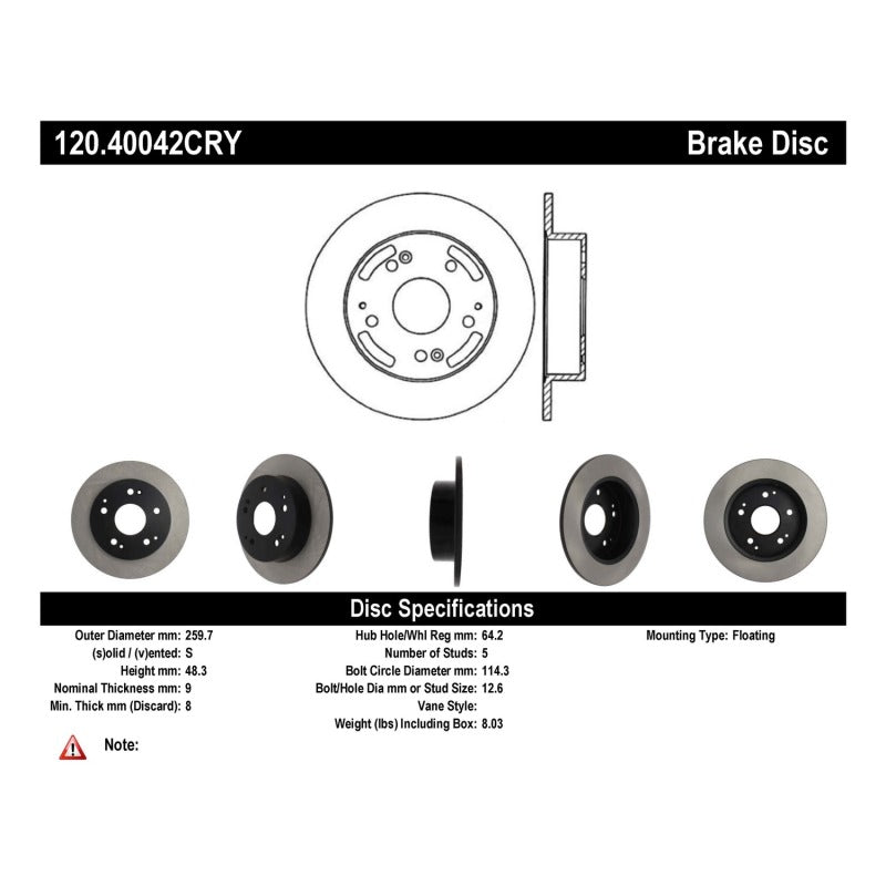 Stoptech 97-01 Acura Integra Type R Rear Premium Cryostop Brake Rotor