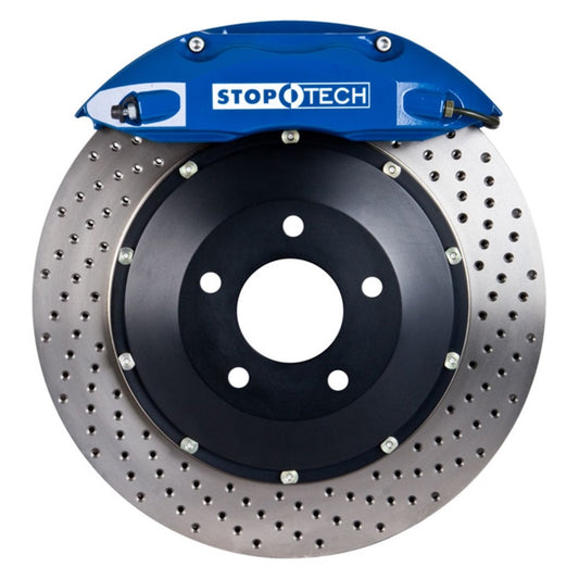 StopTech 03-06 Evo Rear BBK w/ Blue ST-40 Calipers Drilled 328x28mm Rotors Pads and SS Lines