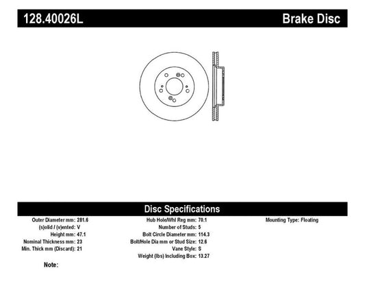 StopTech 97-01 Acura Integra Type R / 97-01 Honda CR-V Drilled Left Front Rotor