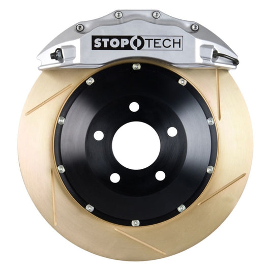 StopTech 03-06 Evo Front BBK w/ Silver ST-60 Calipers Slotted Zinc 355x32mm Rotors Pads and SS Li