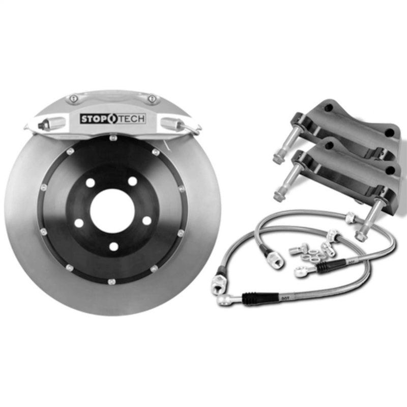 StopTech 03-06 Evo Front BBK w/ Silver ST-40 Calipers Slotted Zinc 332x32mm Rotors Pads and SS Li