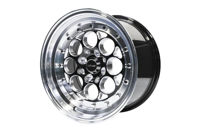 VMS Wheels Revolver 15X8 4X100/114.3 20 ET 73.1 CB Black Milling Polished Lip Chrome Rivets